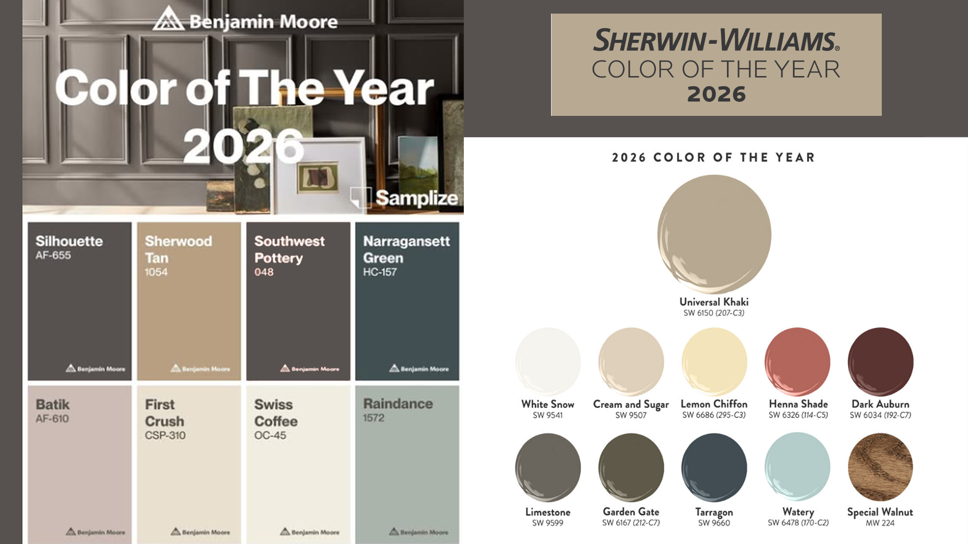 Benjamin Moore and Sherwin-Williams 2026 Color of the Year swatch cards
