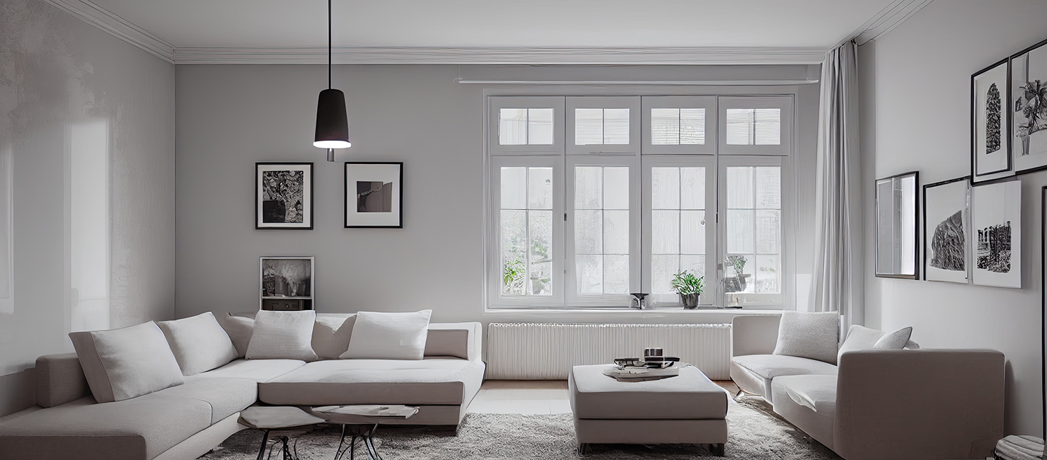 Bright living room with gray walls, large windows and framed prints after an interior paint job