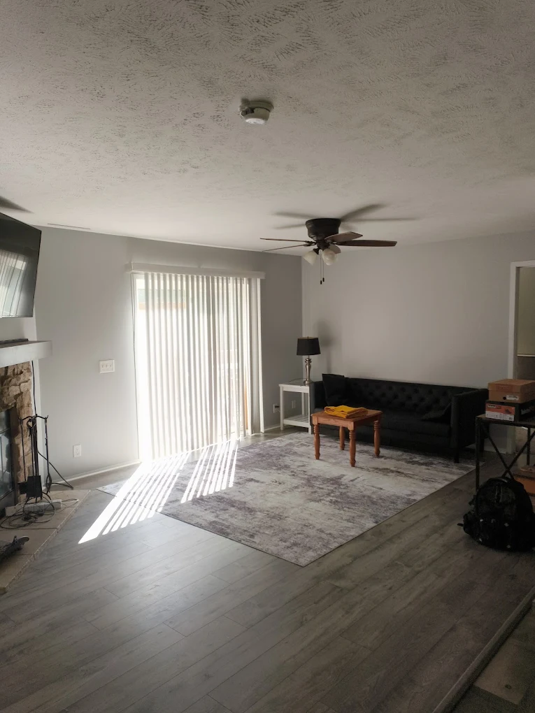 Living room with a gray sofa, wooden coffee table and area rug under a ceiling fan, lit by daylight through sheer curtains