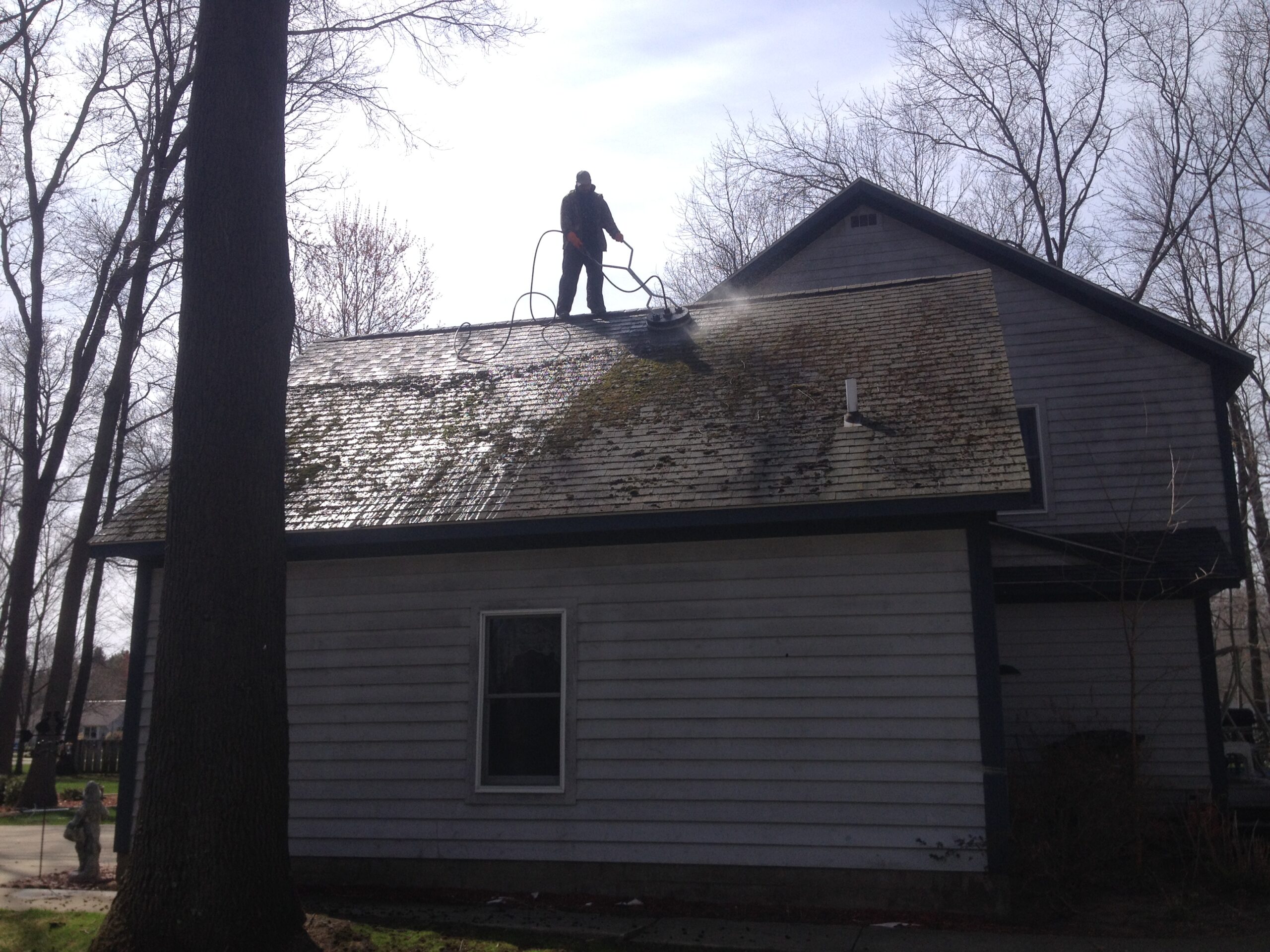 Person standing on a sloped roof of a house with bare trees behind it