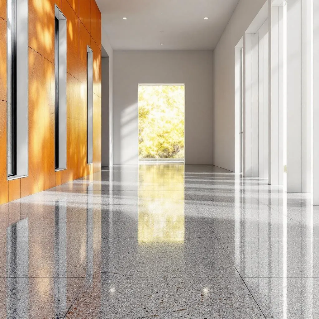 Glossy metallic-finish epoxy floor in a bright hallway with an orange accent wall and a sunlit doorway