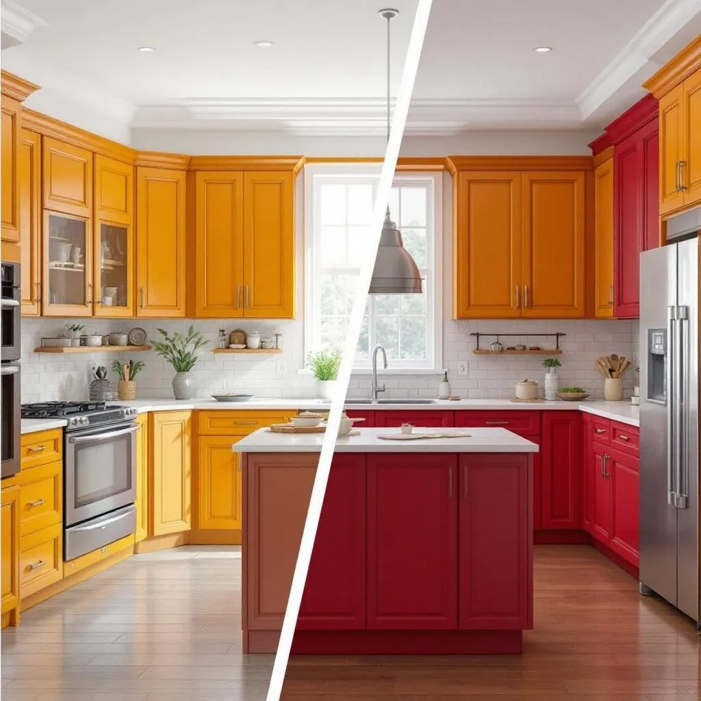 Split photo of a kitchen with orange wood cabinets on one side and red painted cabinets on the other, with stainless appliances and a central island