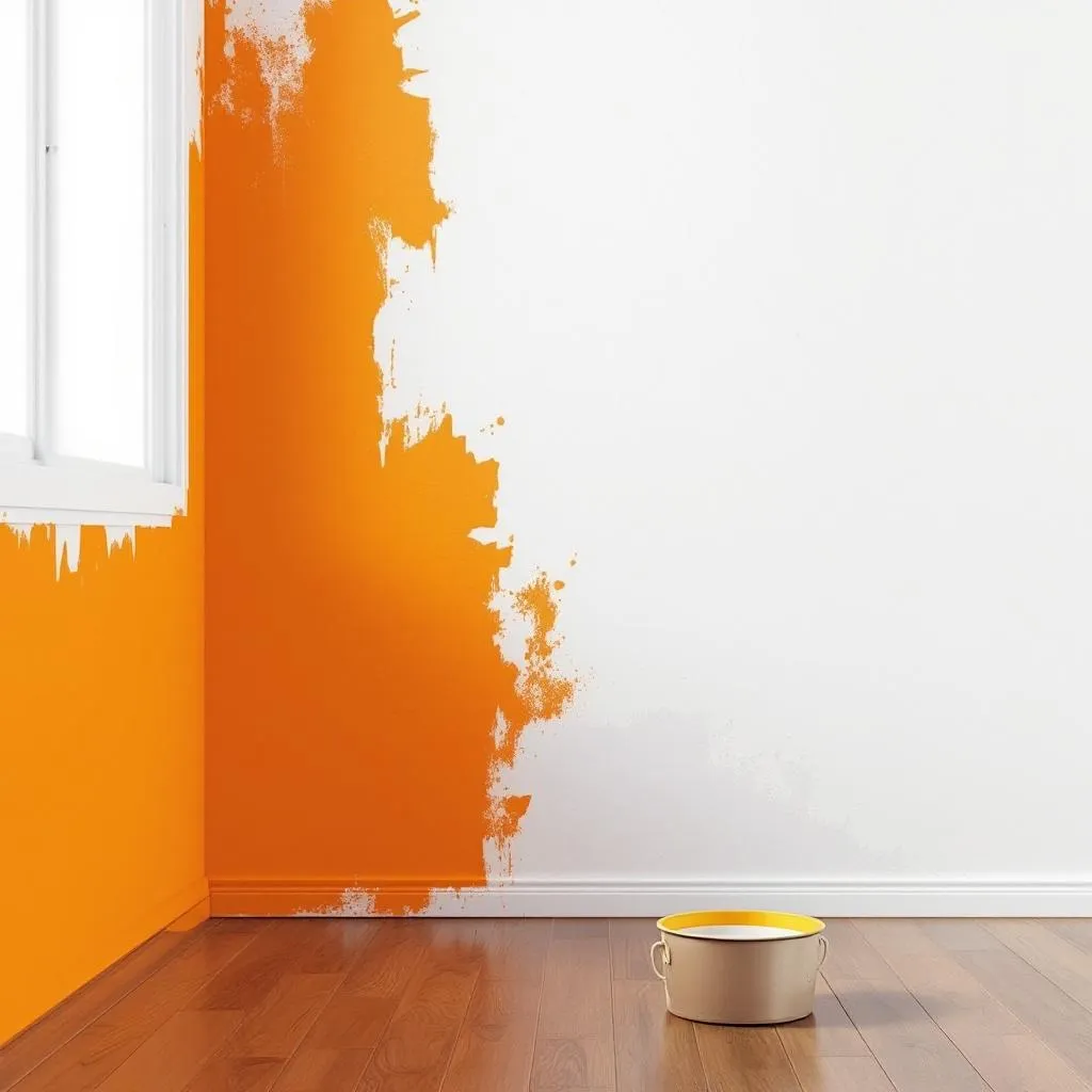 Orange painted wall beside a wood floor and a yellow paint can during drywall repair and surface preparation