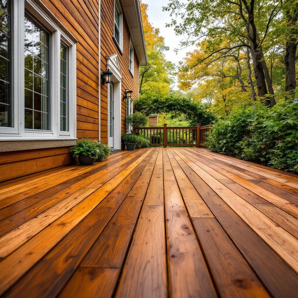 Warm stained wood deck with a fence and lush green trees beside a West Michigan home