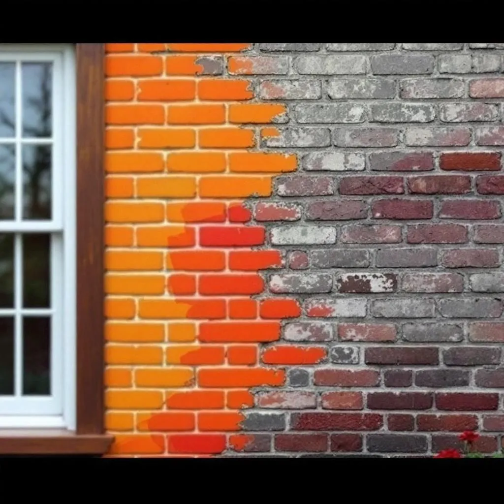 Brick wall painted orange and red beside a window, with unpainted gray brick on the right