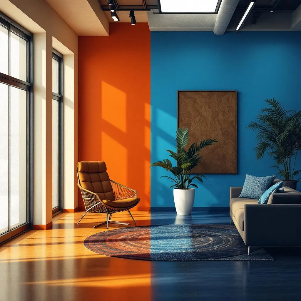 Commercial interior with orange and blue accent walls, a leather lounge chair, a potted plant and a framed wall piece