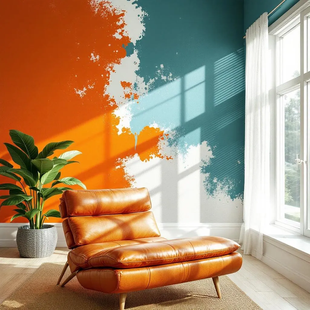 Orange leather armchair beside a potted plant in a bright room with a teal accent wall